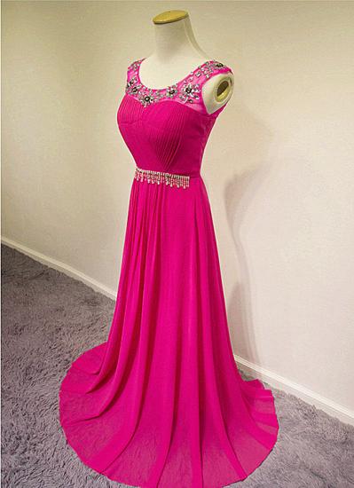 Cute Pink Chiffon Long Prom Dress with Beadings Sweep Train Popular A-line Evening Dress_7