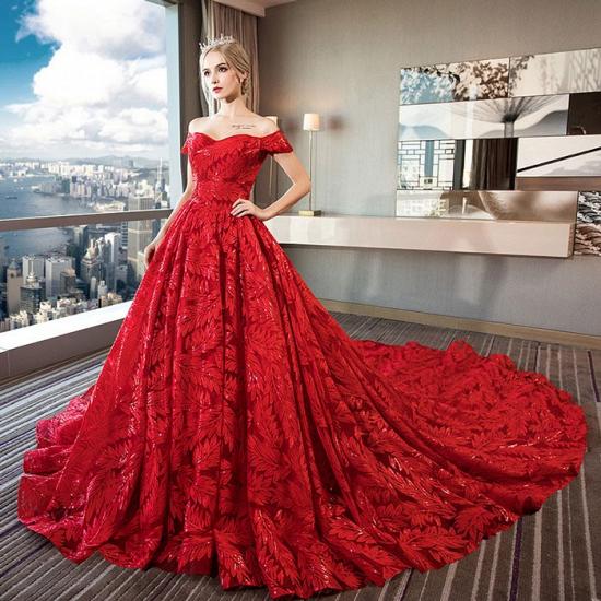 Off Shoulder Red Floral Lace Wedding Party Dress with Sweep Train_2