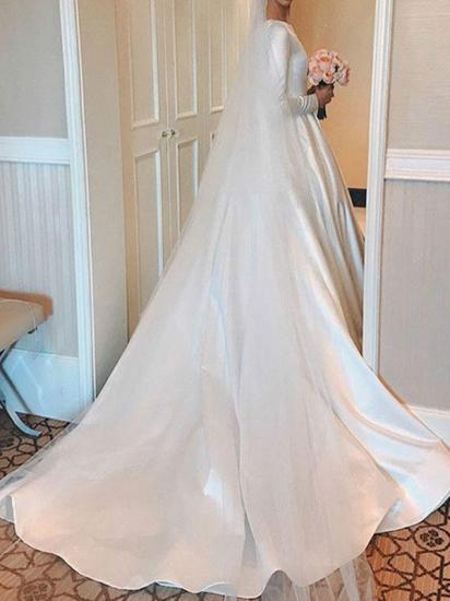 Gorgeous White Satin Ruffles A-Line Wedding Dresses With Long Sleeves_3