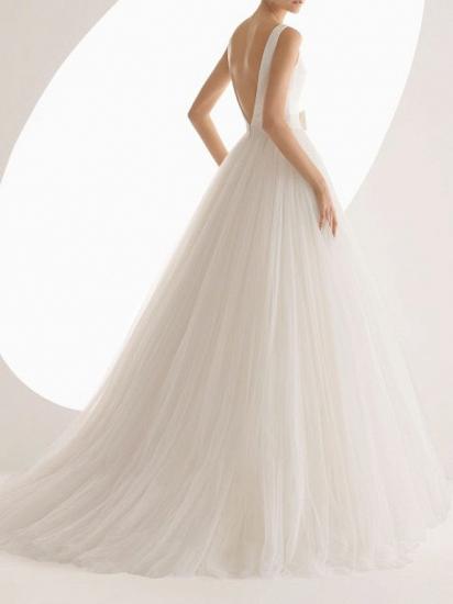 Ball Gown Wedding Dresses Bateau Neck Satin Tulle Regular Straps Bridal Gowns Simple Backless Sweep Train_2