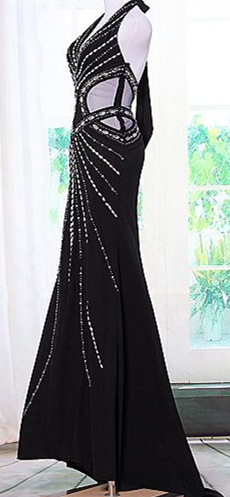 Black Crystal Sexy 2022 Long Party Dress Halter Open Back Dress With Beadings_3