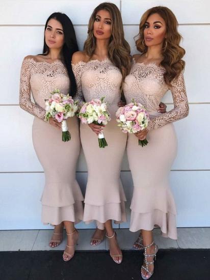 Long Sleeve Lace Bridesmaid Dresses Affordable | Short Sheath Ruffles Trumpet Formal Evening Dress_1