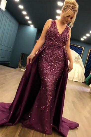 2022 Luxuriöse ärmellose Meerjungfrauen-lange Ballkleider | V-Ausschnitt Overskirt Applikationen Fashion Abendkleid_2