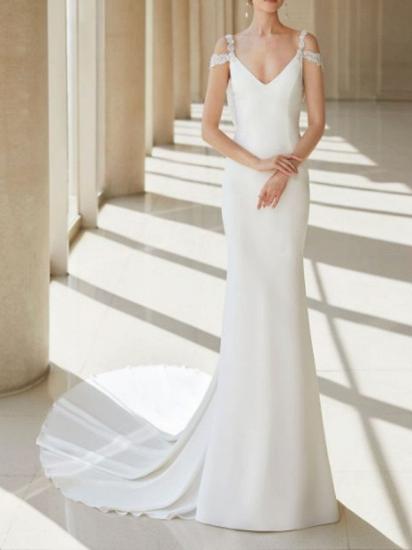 A-Linie Brautkleid V-Ausschnitt Chiffon Spitze Regelmäßige Träger Brautkleider Formal Plus Size mit Hofschleppe