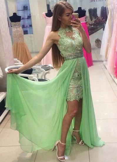 Halter Mint Green Chiffon 2022 Prom Dresses Gorgeous Lace Baeding Evening Gowns_1