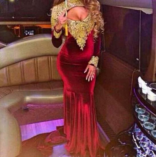 Burgundy Velvet Long Sleeve Prom Dress Gold Lace Appliques See Through Back SExy Evening Gown_7