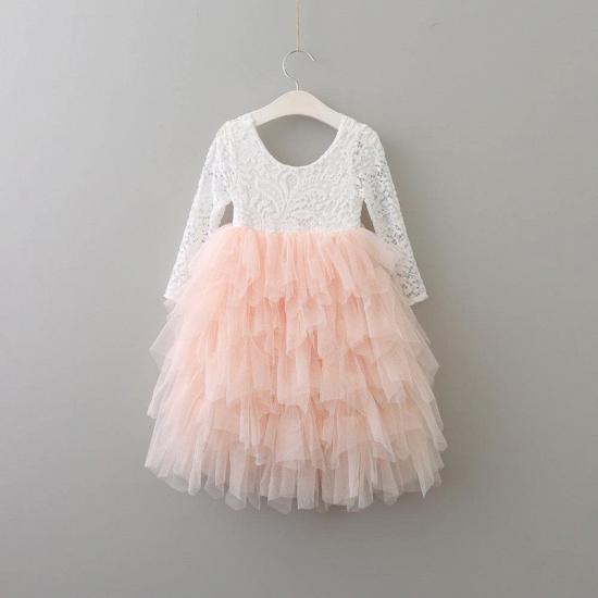 Cute Long Sleeves White and Pink V-back Flower Girl Dresses | Jewel Tea Length Lace Tulle Little Girls Peagant Dress_3