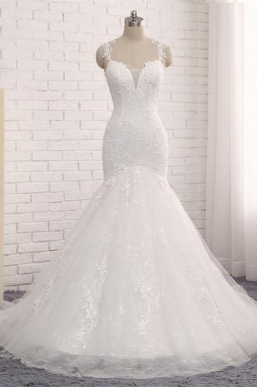 TsClothzone Elegant Straps V-Neck Tulle Lace Mermaid Wedding Dress Appliques Sleeveless Bridal Gowns On Sale_2