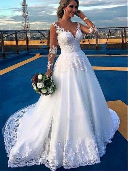 Fabulous Long Sleeves Tulle V Neck Lace White Ball Gown Wedding Dresses_1