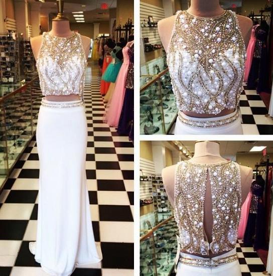 Two Piece Beaded Evening Dress Sweep Train White Pearls 2022 Prom Dresses_2