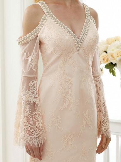 Sexy Etui-Hochzeitskleid mit floraler Spitze, langen Ärmeln, Brautkleidern in Farbe, offener Rücken mit Sweep-Zug_8