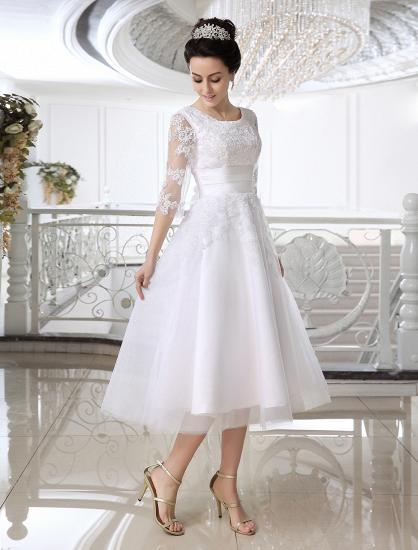 Half Sleeves Jewel Tulle Lace Knee-Length Ruffles Wedding Dresses_2