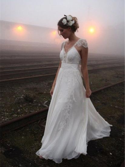 Chiffon A-Line Sleeveless V-neck Floor-Length Lace Wedding Dresses