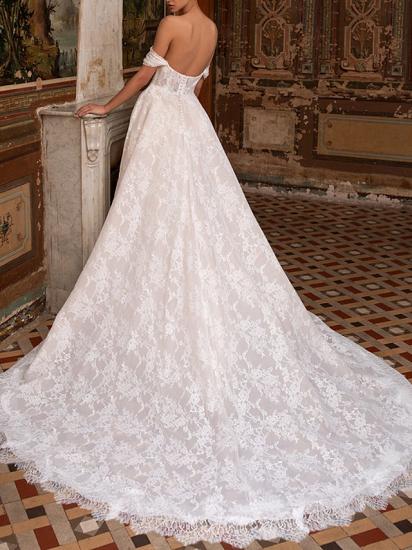 Affordable Plus Size A-Line Wedding Dress Off Shoulder Lace Short Sleeve Bridal Gowns with Sweep Train_2