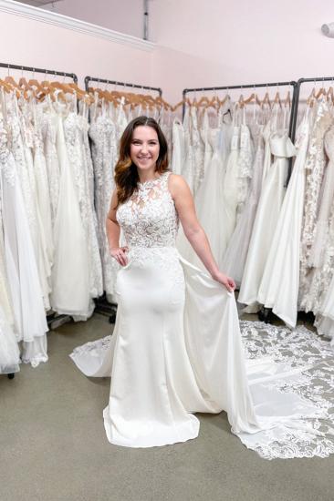 Bateau Sleeveless Mermaid Appliques Lace Wedding Dress With Detachable Train_1