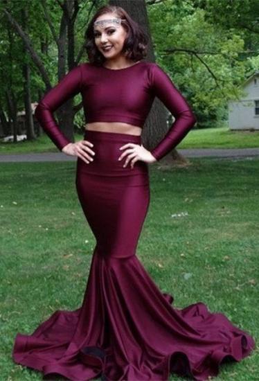 Burgundy two piece prom dress, long mermaid evening gowns