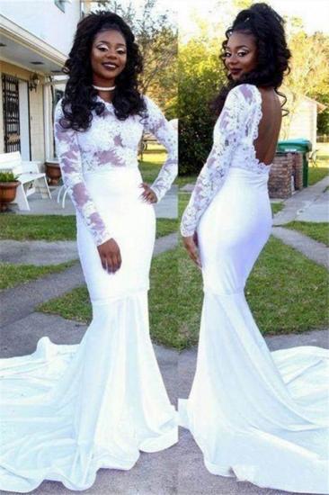 Sexy Backless Long Sleeve White Prom Dresses | Mermaid Lace Appliques Evening Gowns with Court Train
