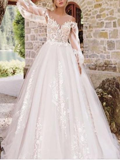 Formal A-Line Wedding Dress Jewel Lace Tulle Long Sleeve Sexy See-Through Bridal Gowns