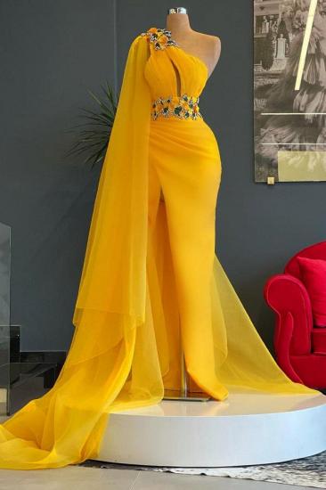 One Shoulder YellowRuffle Floral Appliques Beads Mermaid Evening Gown with Cape_1