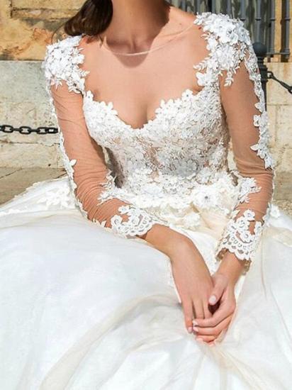 Formal A-Line Wedding Dress Jewel Lace Tulle Long Sleeve Sexy See-Through Bridal Gowns with Court Train_3