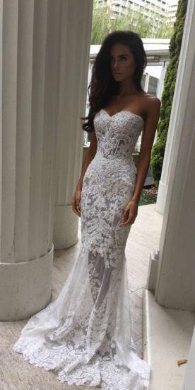 White Sweetheart-Neck Sheer Lace Appliques Mermaid Wedding Dresses_3
