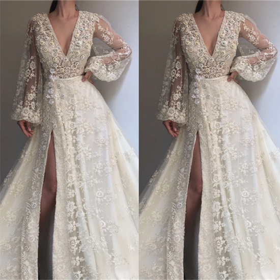 Exquisite Tulle Lace Beading Long Sleeves Prom Dress | Sexy V Neck Beading Slit Prom Dress_2