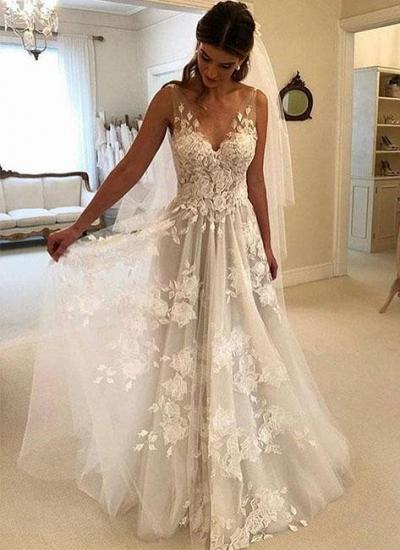 Elegante Brautkleider mit Spitze | Hochzeitskleider Lang V Ausschnitt_2