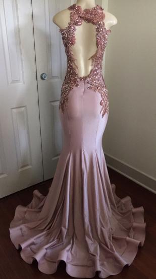 Pink Sleeveless Mermaid Prom Dresses 2022 | Open Back Beads Crystals Appliques Evening Gown_4