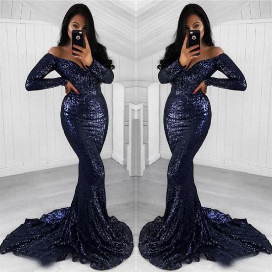Schwarze Abendkleider mit Pailletten im Meerjungfrau-Stil 2022 | Schulterfreie Abendkleider mit langen Ärmeln_3