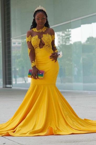 Yellow Long Sleeve Mermaid Prom Gowns Sweep Train Appliques_2