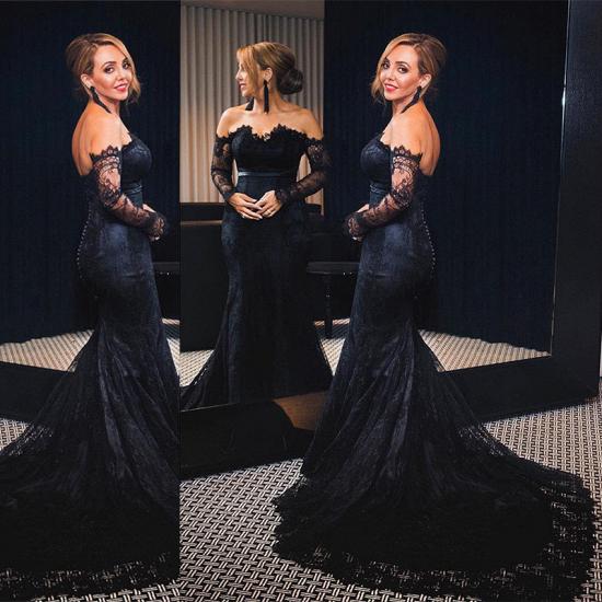 Black Lace Off The Shoulder Prom Dress  Mermaid Long Sleeve Sexy Evening Gowns with Buttons_3
