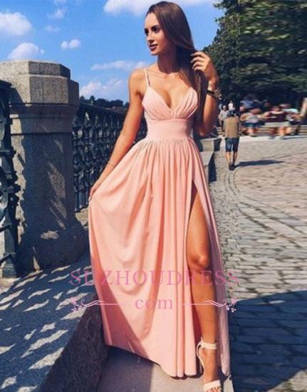 Sexy Pink Evening Dress | Side Slit Deep V-Neck Spaghetti Straps Formal Dresses_1