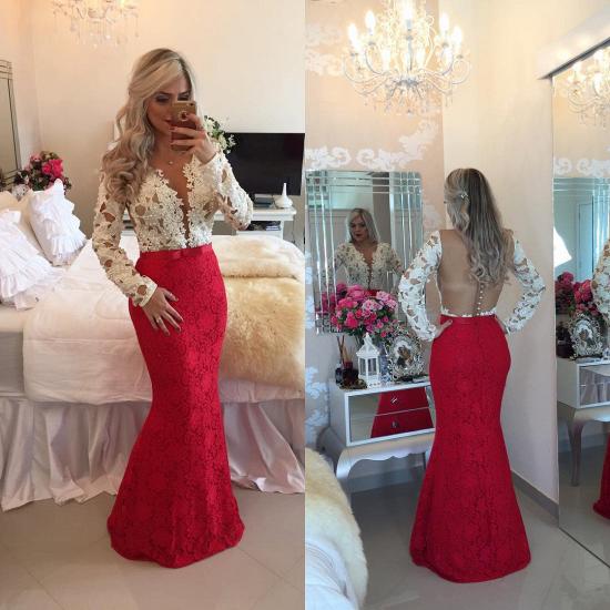 Popular Long-Sleeves Beadings Lace Mermaid Floor-Length Prom Dresses_3