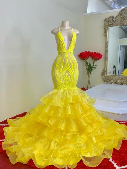 Yellow tulle sleeveless mermaid prom dress with ruffles_2