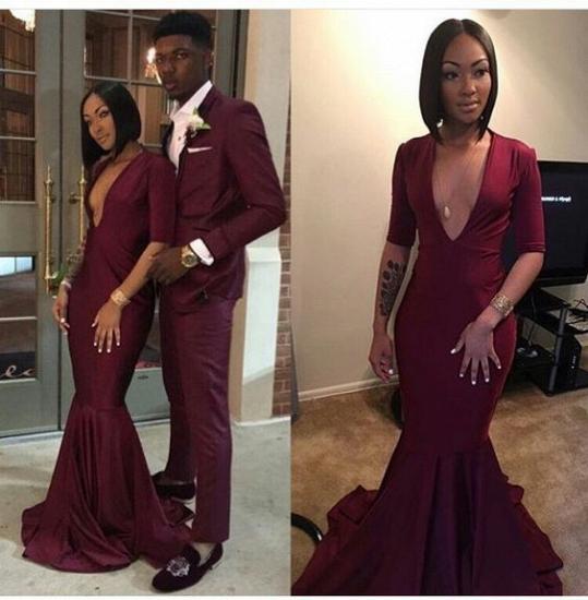 Sexy V-neck Burgundy Long Mermaid Prom Dresses with Sleeves_2