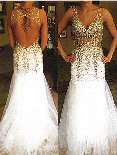 Sexy Mermaid Backless 2022 Evening Dress with Crystals Deep V-neck Prom Dress_1