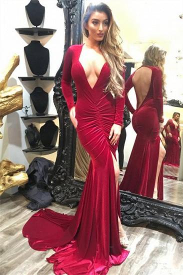 2022 Long Sleeve Sexy V-neck Evening Dress Burgundy Velvet Open Back Prom Dress with Front Slit