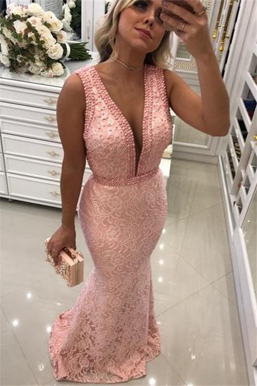 Sexy V-Ausschnitt rosa Spitzen-Abschlussball-Kleider | Ärmellose Meerjungfrau-Abendkleider mit Perlen_2