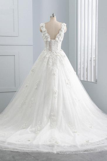 TsClothzone Glamouröses Tüll-Hochzeitskleid mit V-Ausschnitt und Blumenapplikationen, ärmellose Perlenstickerei, Brautkleider Online_3