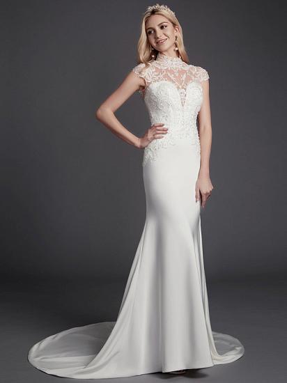 Sexy See-Through Mermaid Wedding Dress High-Neck Lace Satin Sleeveless Bridal Gowns Illusion Detail Backless with Court Train_5
