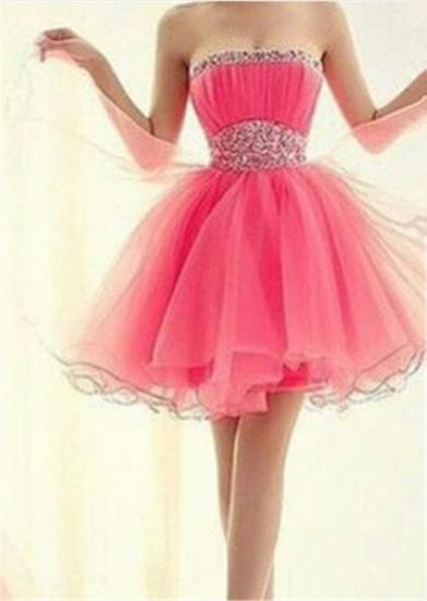 Cute Pink Strapless Crystal Short Cocktail Dresses Empire Organza Popular Mini Homecoming Dress with Beadings