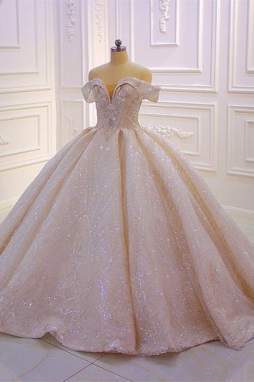 Off the shoulder Champange Puffy ball Gown Sparkle Wedding Dress_1
