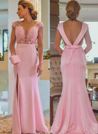 Pink Column Lace Evening Dresses | Cap Sleeves Open Back Side Slit Formal Dress