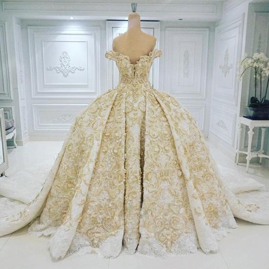 Off-the-shoulder Golden Lace Appliques Formal Ball Gown Wedding Dress_2