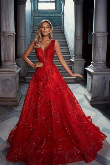 Red v-neck a-line prom dress in one shoulder_1