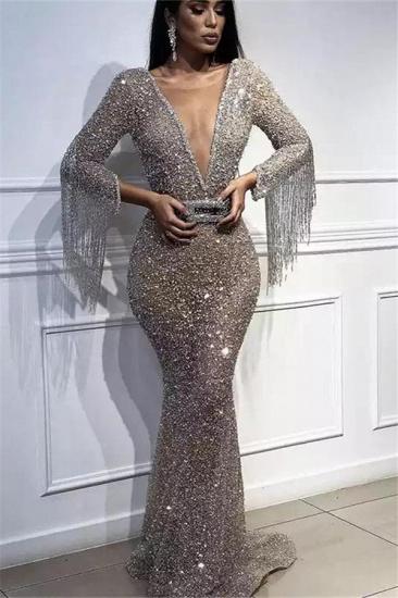 Luxury Deep V-Neck Mermaid Evening Dresses | 2022 Long Sleeves Sequins Crystal Prom Dresses with Tassels