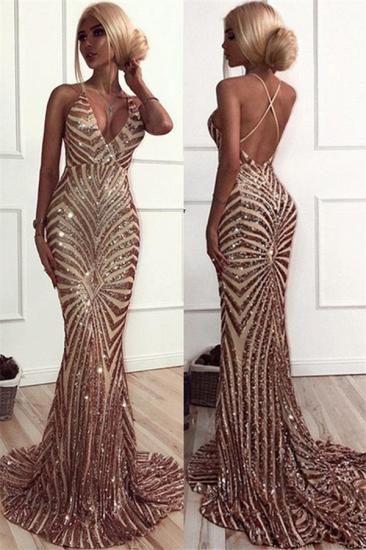 Sexy Champagne Stripes Formal Evening Dress | V-neck Open Back Ball Dress with Long Train