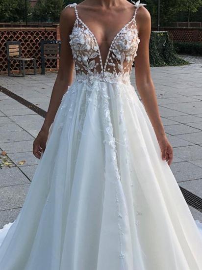Country Plus Size A-Line Wedding Dress V-neck Spaghetti Strap Lace Sleeveless Bridal Gowns with Sweep Train_2