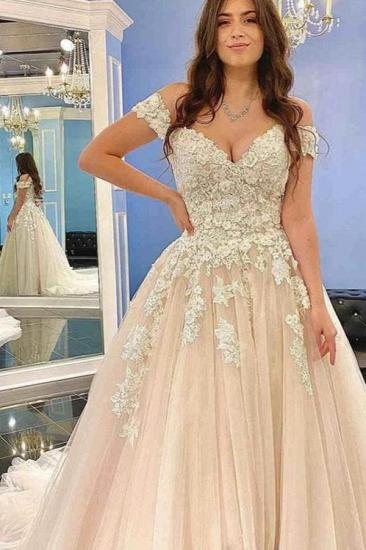 Glamorous Off Shoulder 3D Floral Lace Wedding Tulle Aline Bridal Dress_1