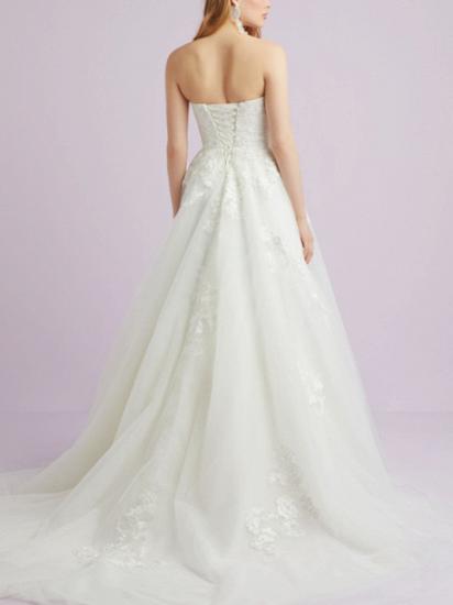 Romantic Backless A-Line Wedding Dresses Sweetheart Lace Tulle Strapless Bridal Gowns with Court Train_2